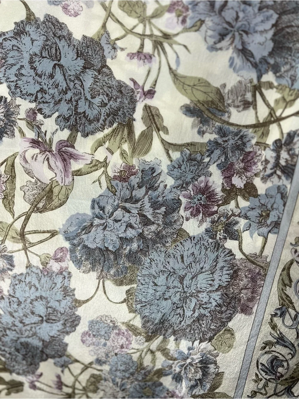 Vintage 1980s–90s 100% Silk Square Scarf Floral Pastel Blue Festival Cottagecore